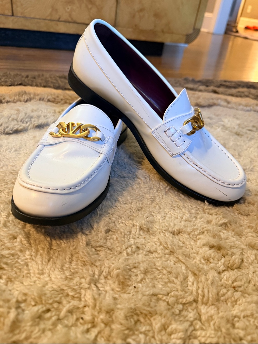 Valentino White Leather Loafers with Gold Chain Accent